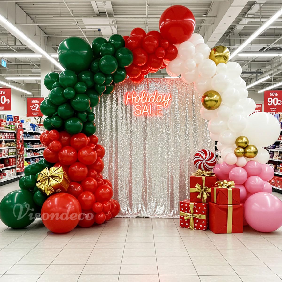 Christmas Balloon Arch Kit – 143pcs Double Stuffed Green, Red, Green, White, Pink & Gold Balloons Garland, Xmas Balloon Arch Decorations for Holiday Party, Merry Christmas Balloons Decor Supplies