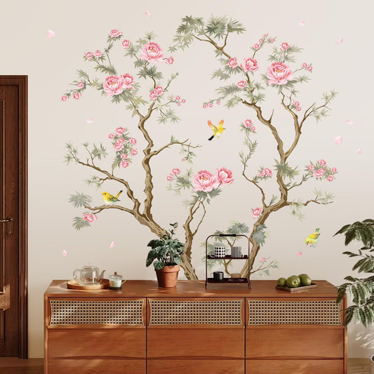 SHUCHING Pink Flower Wall Sticker, Vintage Tree Branch Wall Decal Peel and Stick, Wall Art Decor for Bedroom Living Room