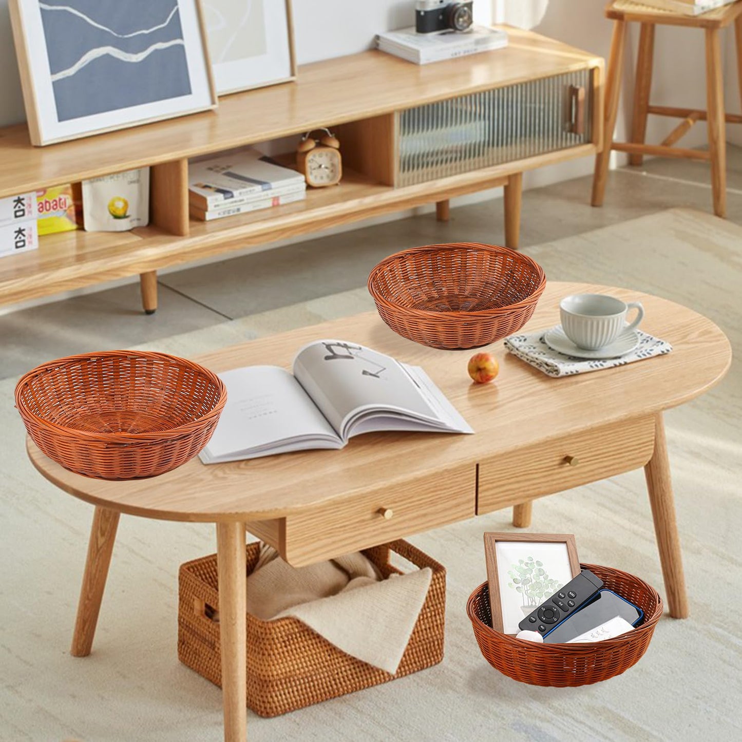 Geytetqi 4 Pack 10.7 Inch Round Hand Weave Bamboo Basket, Round Bamboo Wicker Baskets for Picnic, Wall Decorate and Rustic Party Decorate(10.7 inch