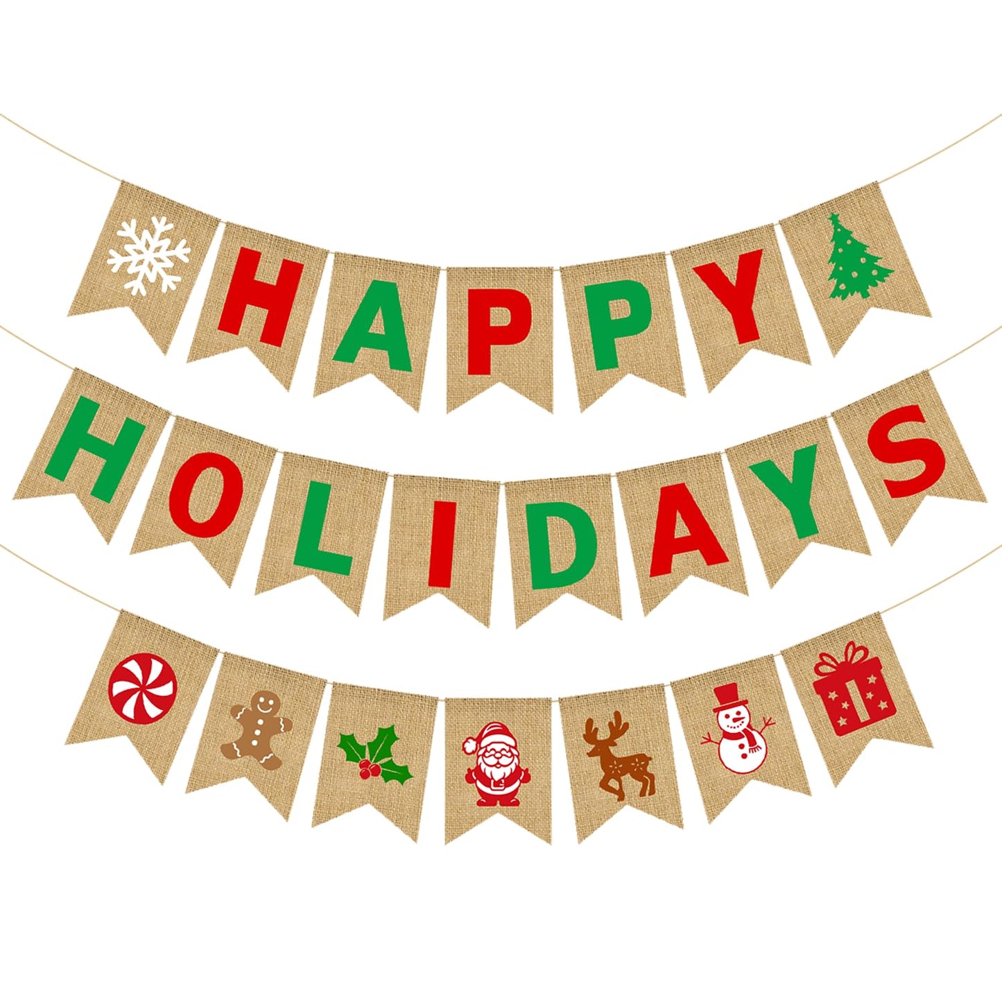 JKQ Happy Holidays Burlap Banner Jute Merry Christmas Bunting Banner with Snowflake Xmas Tree Santa Gingerbread Man Signs Winter Christmas Holiday Party Decorations for Mantle Fireplace Party Supplies
