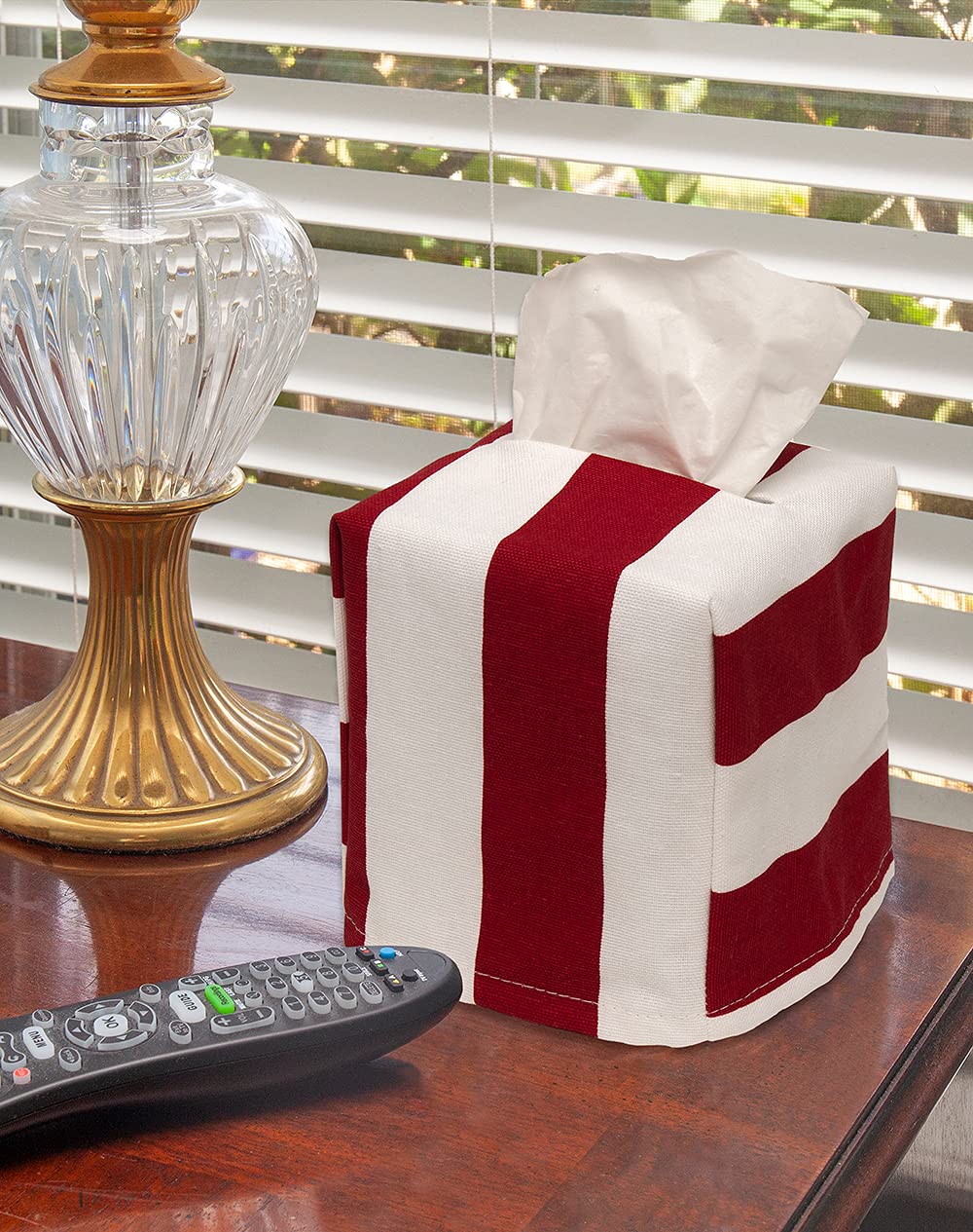 Tissue Box Cover, Soft Cloth Tissue Dispenser Cover for Square Cube Tissue Boxes- One Size Tissue Box Holder Fits Most Cardboard Tissue Holders - Lined, Red and White Striped, Made in USA