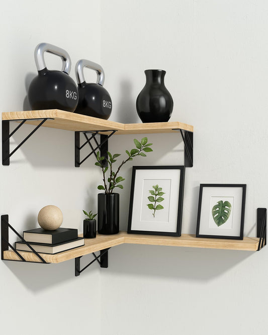 BAYKA Wall Shelves for Bedroom Decor, Floating Shelves for Living Room Kitchen Storage, Wall Mounted Rustic Shelves for Kids Books, Corner Shelf for Bathroom(Carbonized Brown,Set of 4)