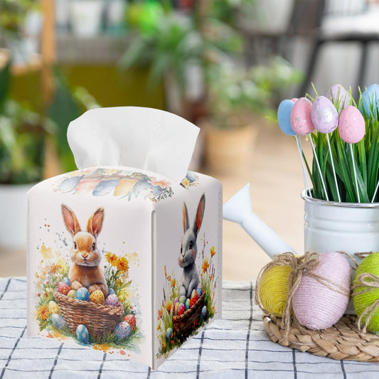 Easter Bunny & Eggs Square Leather Tissue Box Cover – Watercolor Spring Bunny Themed Facial Paper Organizer, Decor for Bathroom, Bedroom, Kitchen & Office