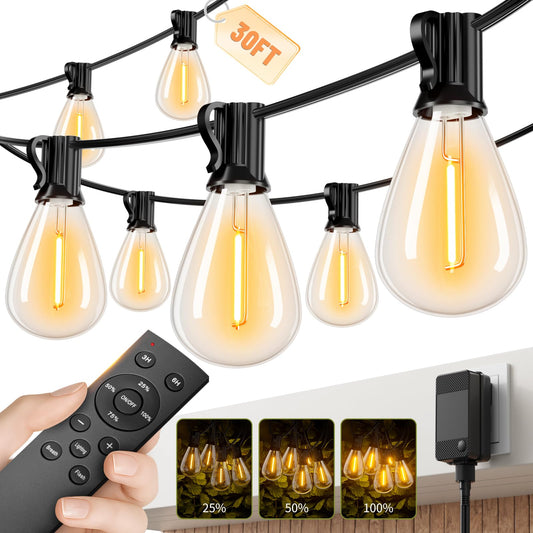 Sikitul 30FT LED Outdoor String Lights with Remote, One Continuous Strand Patio Lights with 10+1 Shatterproof S11 Bulbs, Dimmable 2200K Warm White, Timer & 3 Modes, Low Voltage for Backyard Garden