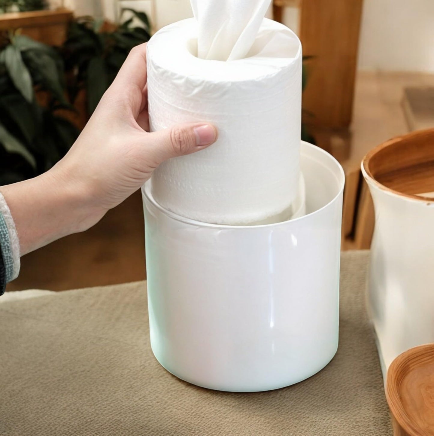 Bamboo Lid Round Tissue Holder Box 5x5'' – Decorative Toilet Paper Roll Dispenser & Dryer Sheet Case – Space-Saving Wood Organizer for Bathroom - for Paper Rolls Under 5 inches only