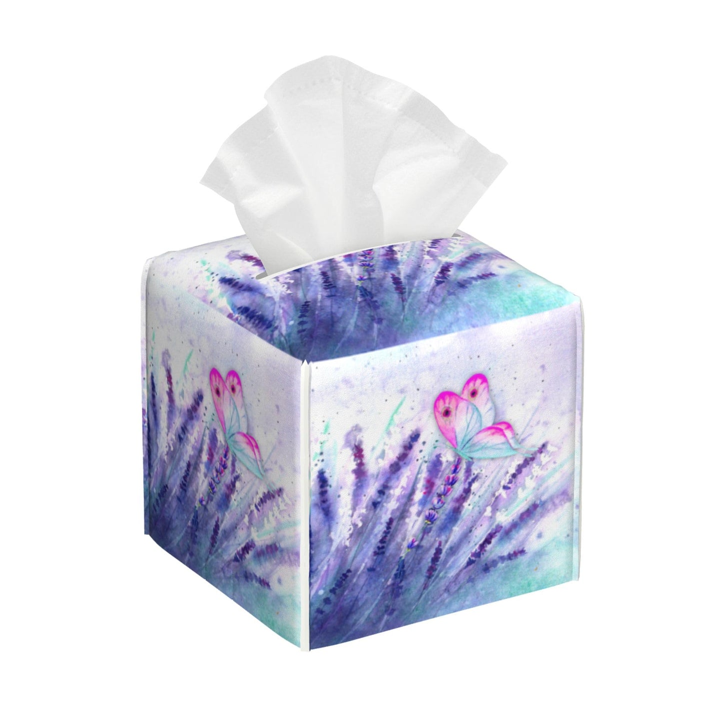 Purple Lavender and Butterfly Tissue Box Cover Square,Watercolor Lavender Flowers Tissue Box Holder Waterproof Leather Facial Paper Organizer Dispenser for Bathroom Home Car Nightstand Vanity Desk