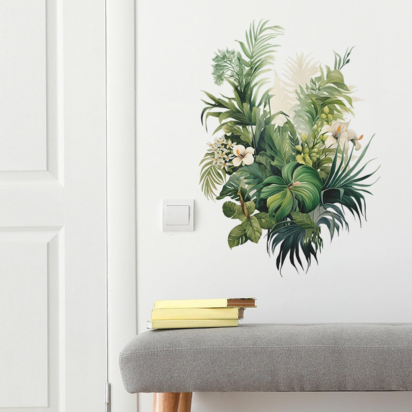 Tropical Plants Wall Decal, Peel and Stick Vinyl Stickers, Green Leaves and White Flowers, 22.4x15.7 inches