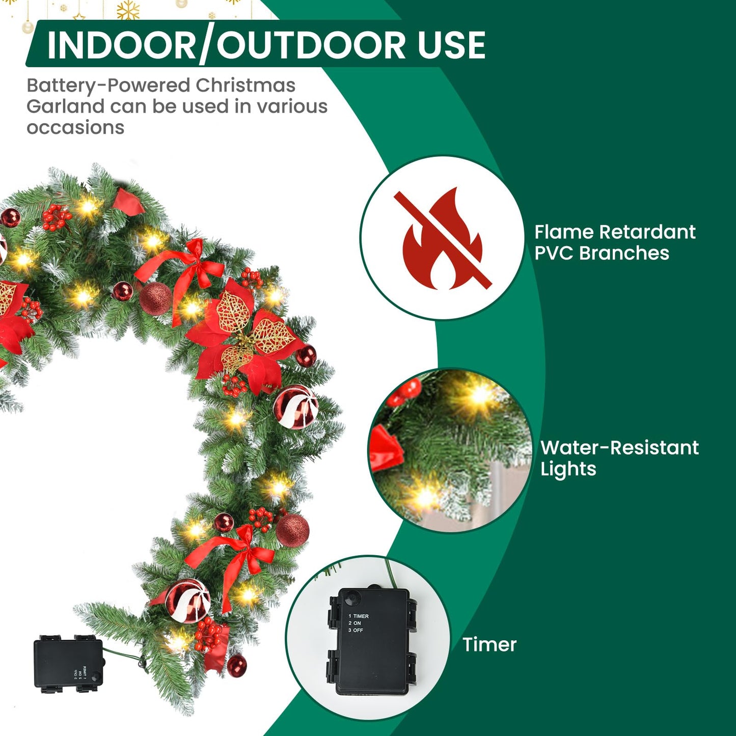 Christmas Garland with Lights, 9ft Battery Operated LED Garland with Timer, 30 Warm White LEDs, Waterproof Christmas Decorations for Indoor Outdoor Mantel, Stairs, Doorway, Window, Porch, Home