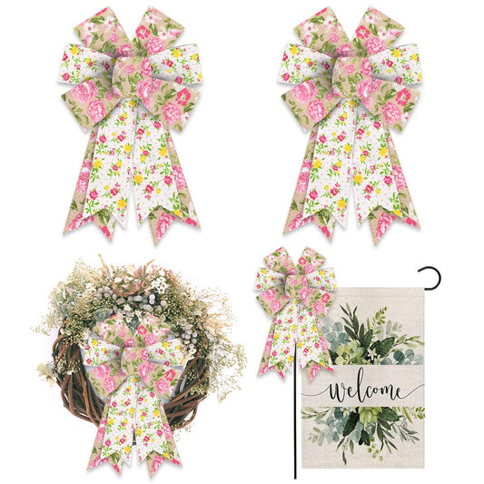 Hying 2PCS Vintage Burlap Spring Rose Bows for Wreath, Pink Rose Bows for Front Door, Wall, Tree Topper Decoration Supplies