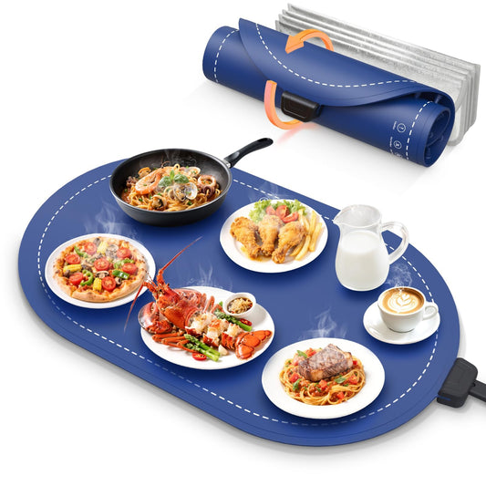 Food Warming Mat for Table & Buffet, Fast Heating Serving Tray with Adjustable Temperature & Timer, Foldable Silicone Heating Mat for Family Meals, Parties & Holiday Hosting