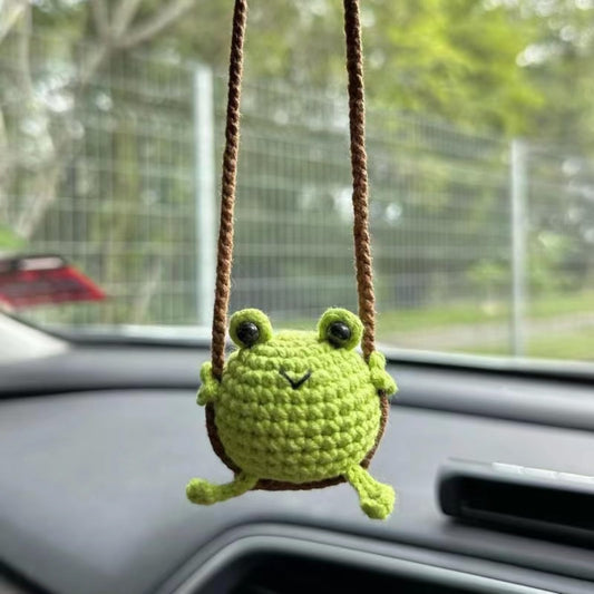 Crochet Swinging Frog Car Mirror Hanging Accessories, Cute Car Decorations for Women Aesthetic, Handmade Knitted Rearview Mirror Accessories Crochet Frog Home Office Decor Ornaments