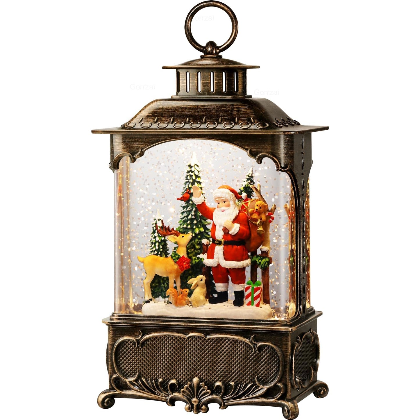 Gorrzai Santa Snow Globe Lantern Christmas Snow Globes, Lighted Christmas Decorations Indoor with Music Timer Swirling Glitter, Musical Santa Claus Reindeer Home Decor, USB or Battery Operated