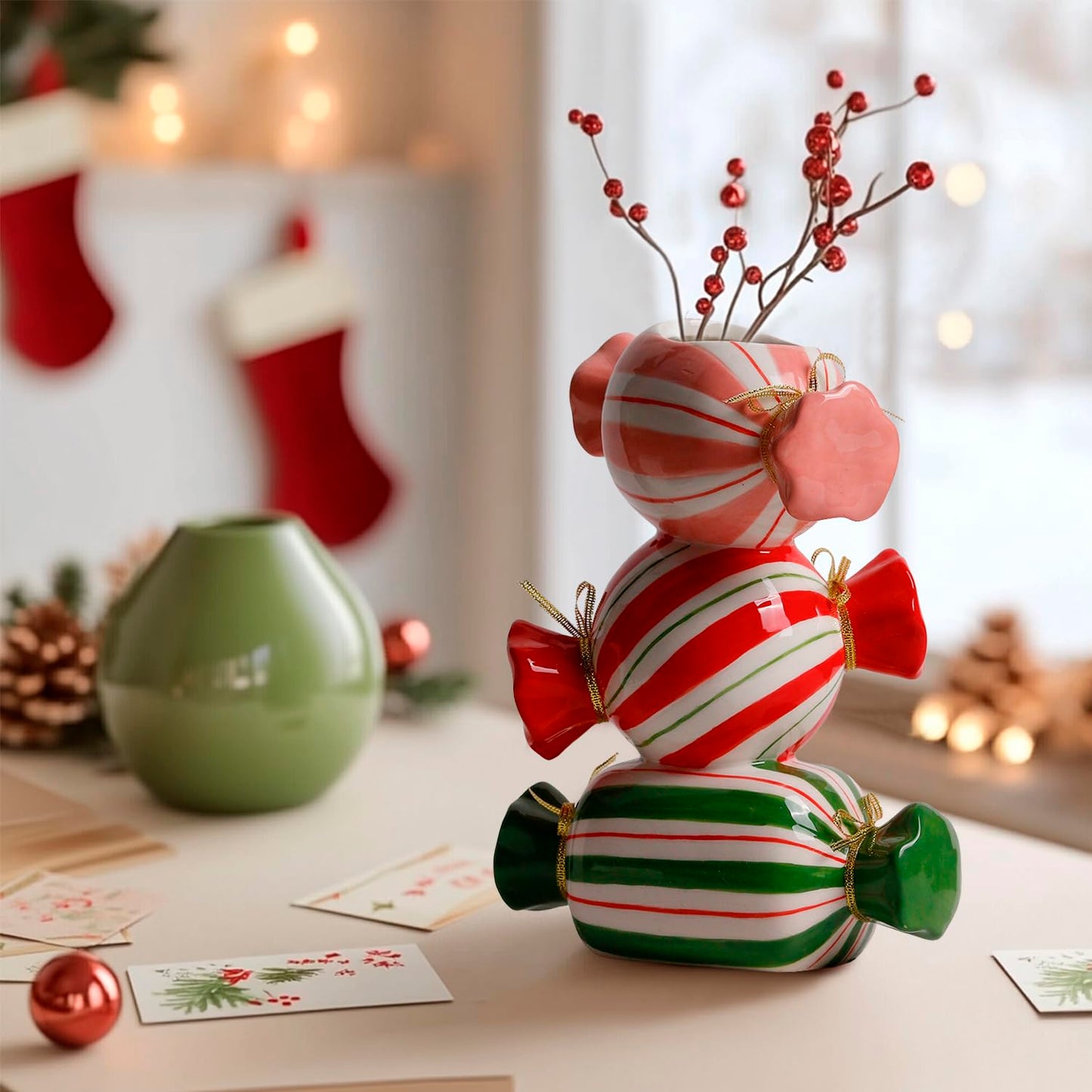 DIF DECO Unique Ceramic Vase,Candy Shape Aesthetic Vase Cute Christmas Decorative Flower Vase 9.88 Inch Modern Funny Vase for Home/Holiday/Weddings/Party Table Flower Decor