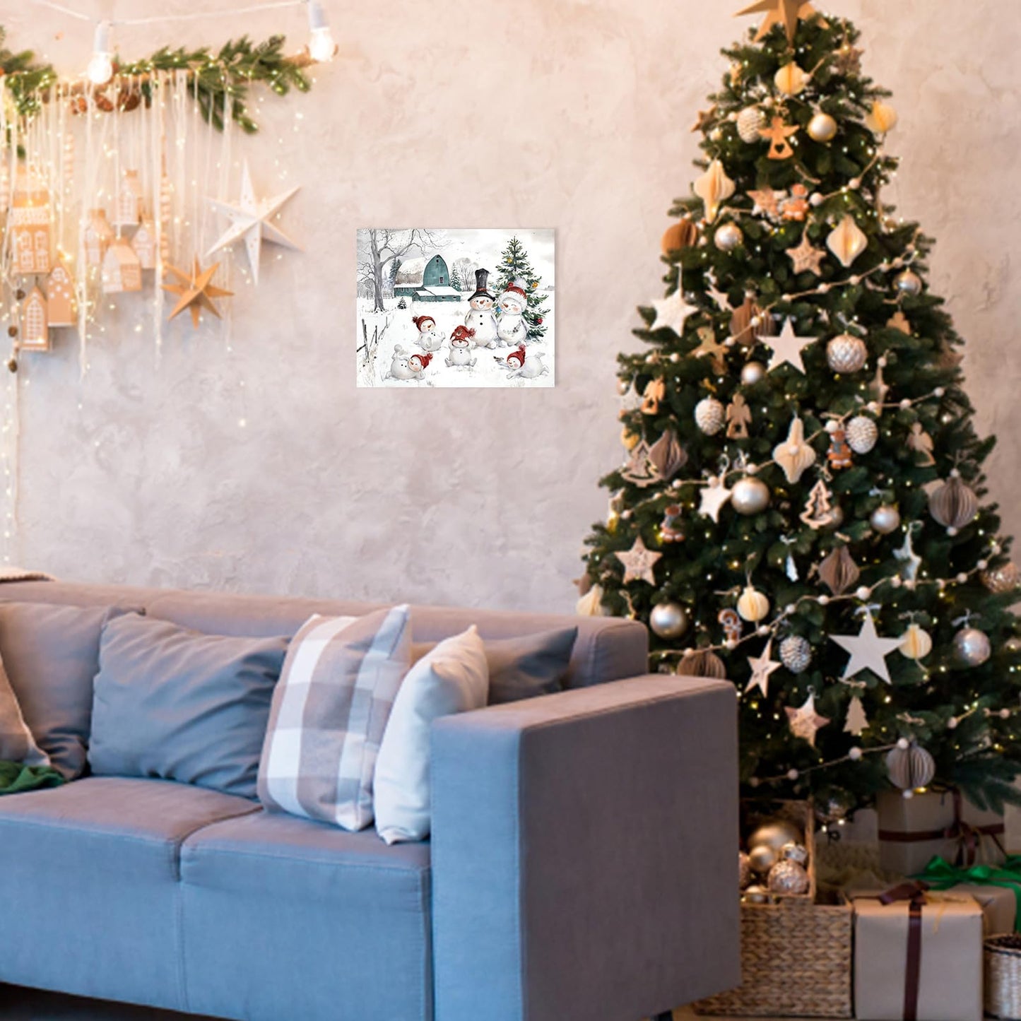 Snowman Christmas Pictures Wall Decor: Christmas Canvas Wall Art Winter Snowman Family Poster Blue Barn Prints Paintings Farmhouse Christmas Decorations for Home Bedroom Living Room 10" x 12"