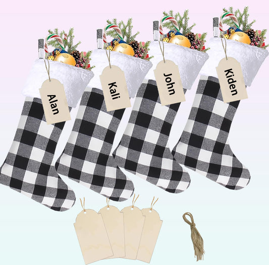 Christmas Stockings 4 Pack,Buffalo Plaid Christmas Stockings,20 Inch Classic Large White Black Plaid Christmas Stockings Decorations,Xmas Stockings Set of 4 Fireplace Family Holiday Party Decor