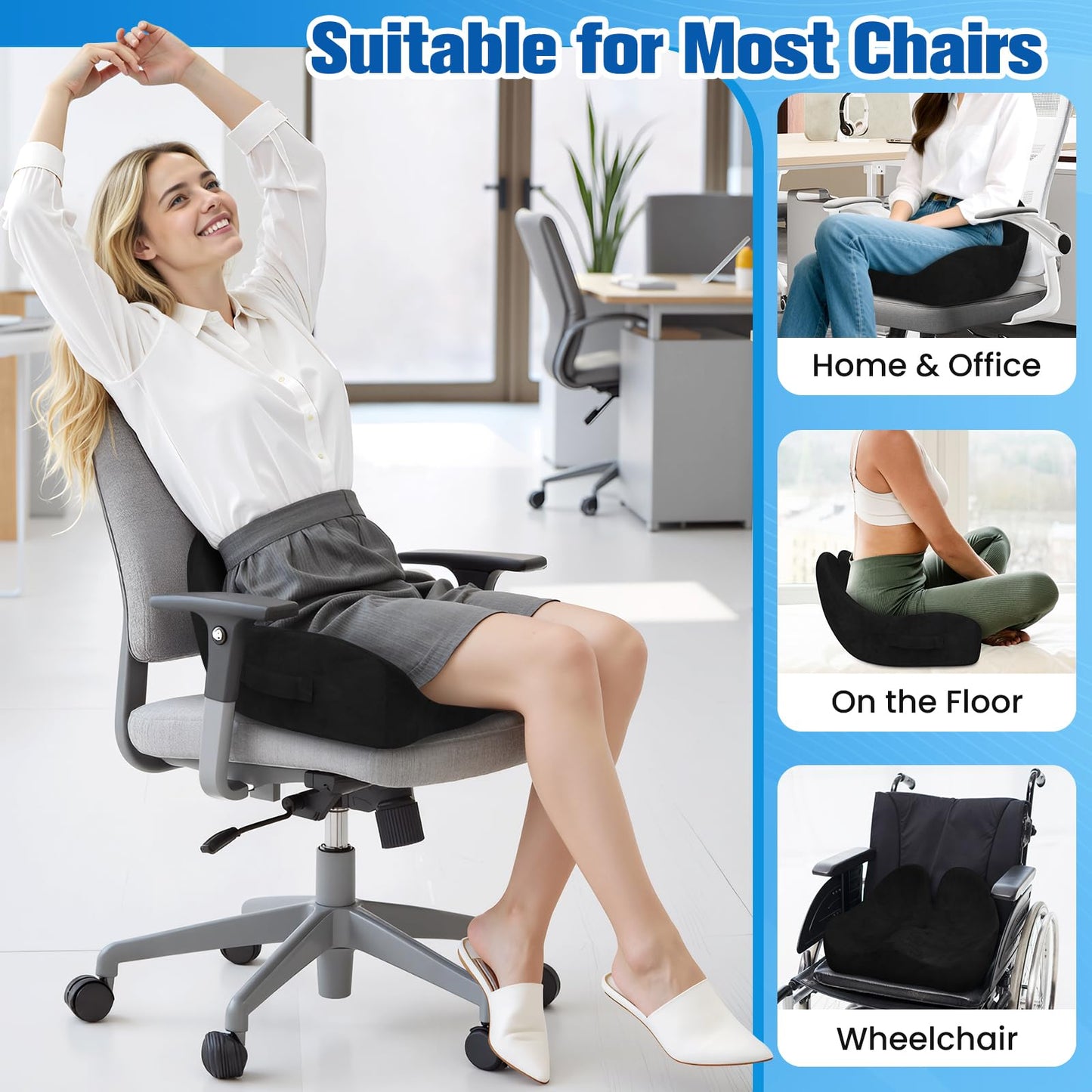 DailyCuddles Seat Cushion, Chair Cushions for Office Chairs/Desk Seats/Wheelchair - Hip&Sciatica&Tailbone Pain Relief Memory Foam Office Chair Cushion for Long Sitting Office Workers, Black