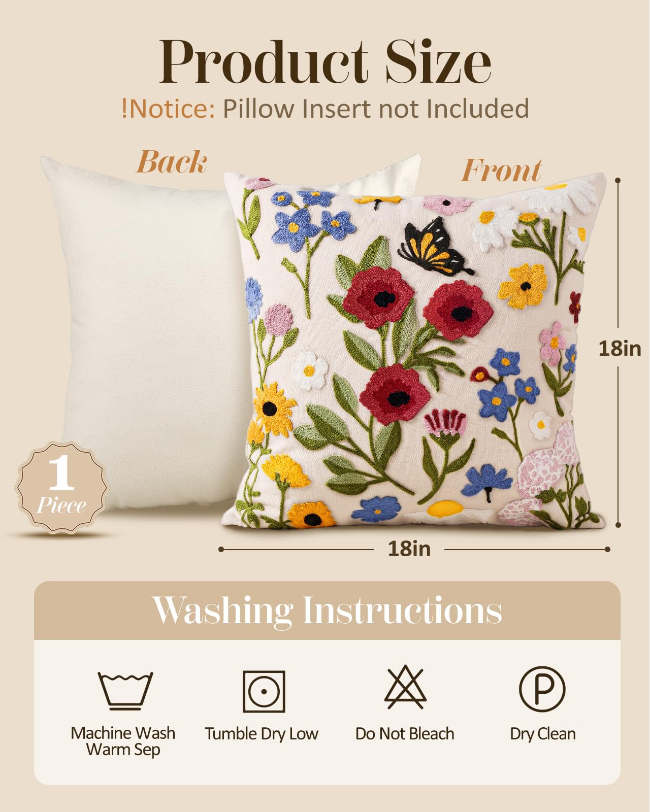 Kokaaee Embroidered Throw Pillow Cover 18x18 Inch - Spring Summer Boho Decorative Pillow Cover with Zipper for Living Room Couch Sofa Bed Aesthetic Design Retro Flower Cushion Pillowcase