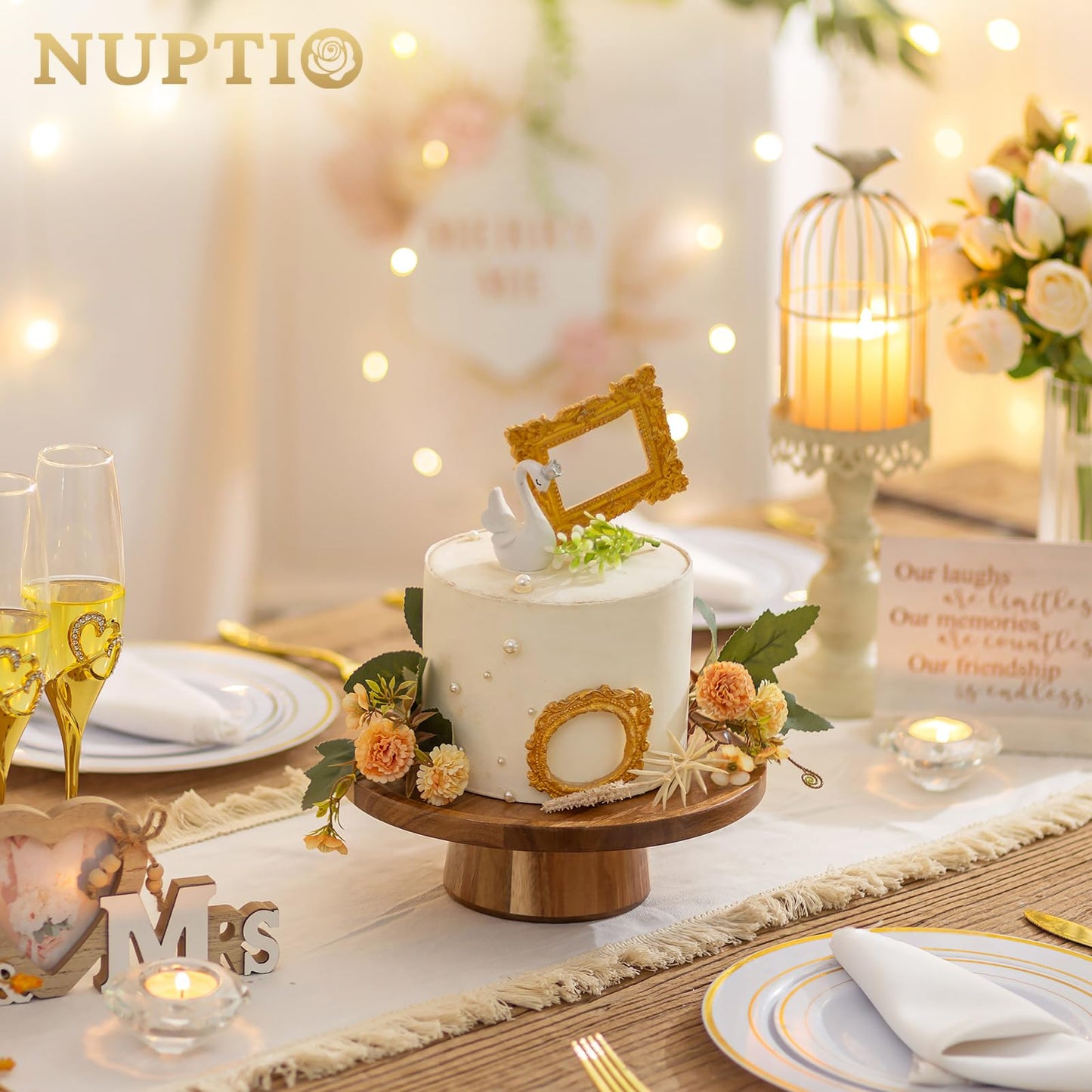 NUPTIO Wooden Rustic Cake Stand: 9.5" Round Cake Pedestal Holder 4 in 1 Vintage Cupcake Stand Serving Tray Dessert Display Plate for Wedding Halloween Christmas Easter Birthday Party - 8 Inch Cake