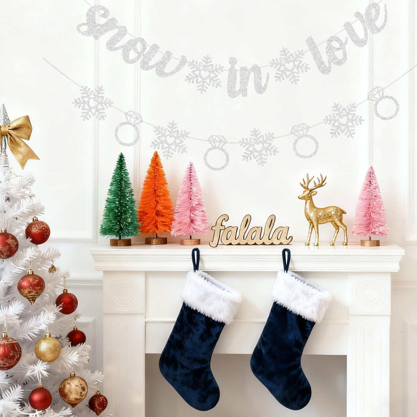 Pre-Strung Snow in Love Banner Glitter Winter Bridal Shower Decorations Banner Snowflake Ring Garland for Winter Christmas Wedding Decor Engagement Party Decorations (Silver)