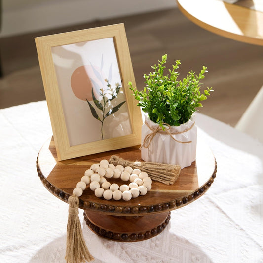 THORNIA Acacia Wood Cake Stand with Handcrafted Beaded Edge - 12 inch Round Decorative Tray & Display Stand for Wedding, Rustic Home Decor, Centerpiece, Desserts, Vanity or Coffee Table