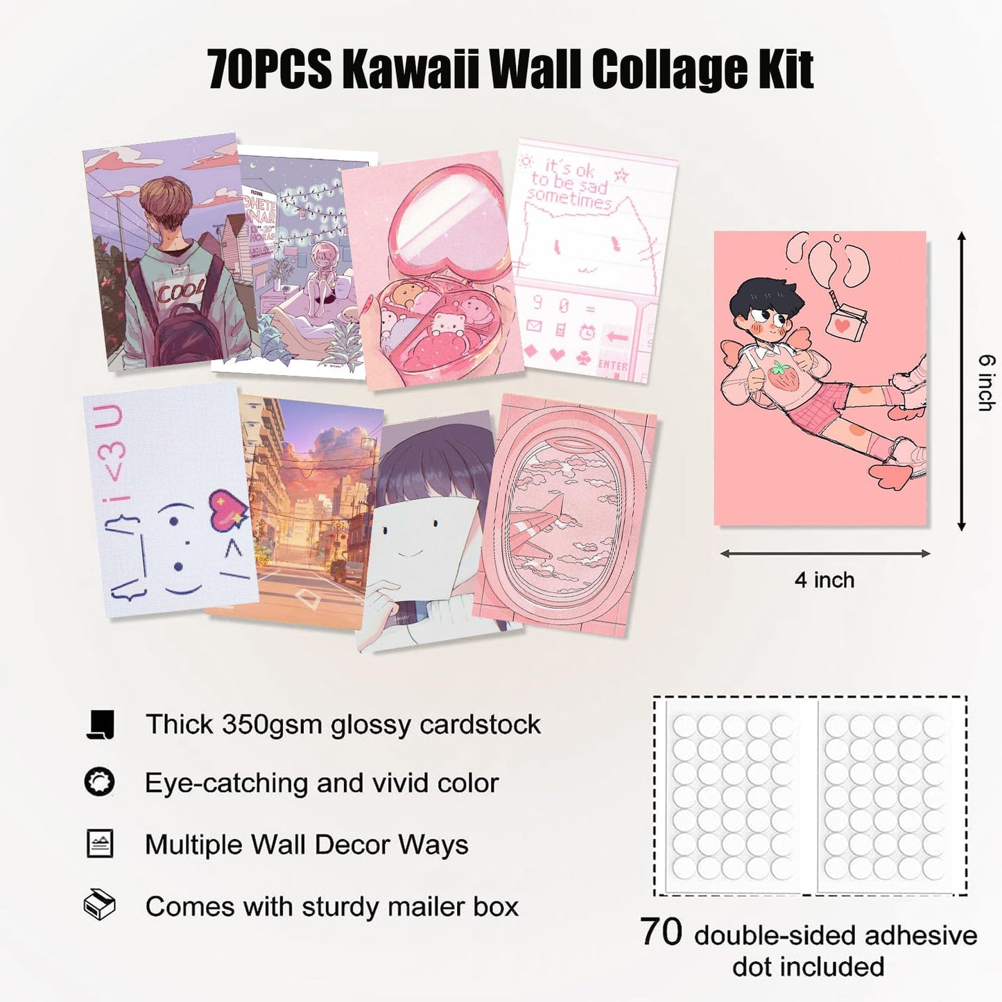 KBKBART Anime Aesthetic Wall Collage Kit, 70pcs Kawaii Room Decor, Pink Cartoon Assembled Print Card Set, Anime Photo Wall Collage Posters for Room Aesthetic, Cute Danish Pastel Wall Art 4x6 for