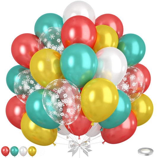 Christmas Balloons, Pearl Red Gold Teal Blue Balloons with Snowflake Print Balloon, Pearl White Gold Xmas Party Latex Balloon for Christmas Birthday Winter New Year Party Decorations Supplies