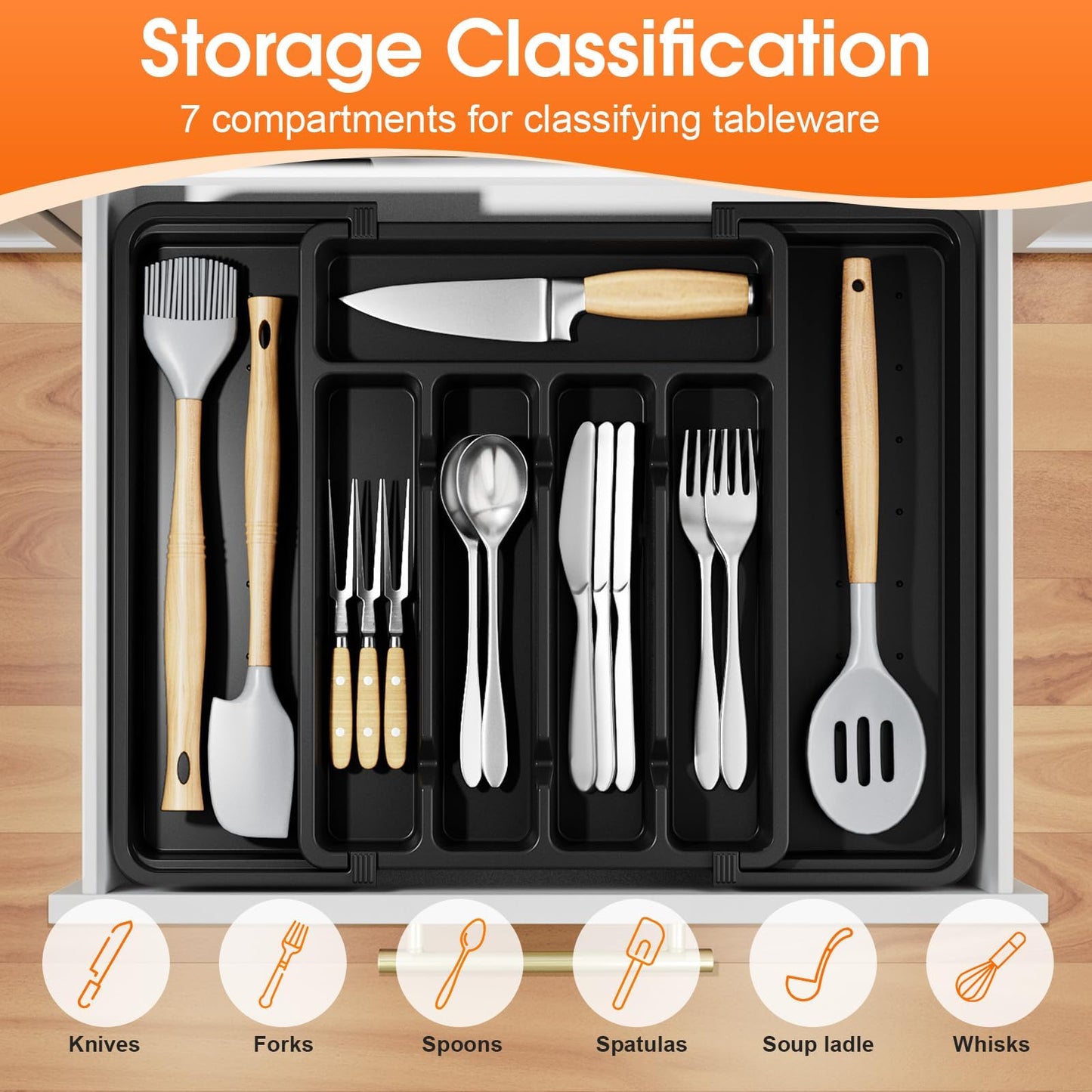 SpaceHacks Silverware Organizer，Adjustable & Expandable Utensil Drawer Organizer, BPA Free Utensil Holder, Cutlery Tray for Forks, Spoons, Knives in Kitchen, Medium, Black