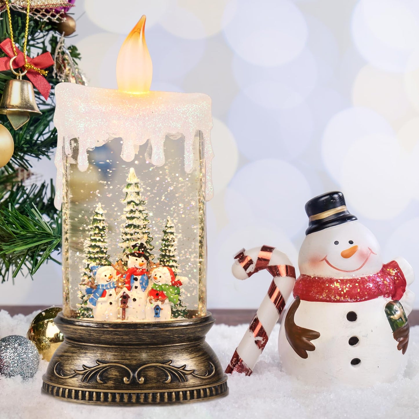 Eldnacele Christmas Music Snow Globe Lantern with 6H Timer Battery Operated & USB Powered Lighted Snowman Family Singing Snow Globe Candle Lamp Spinning Water Glitters Xmas Holiday Decor