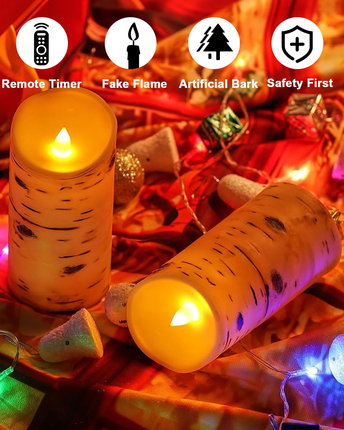 Comenzar Flameless Candles Birch Bark Texture, Flickering Flame Battery Operated LED Candles, Electric Plastic Candles with Remote Timer for Home Decor, Rustic Wedding Centerpiece, Gift Set of 3