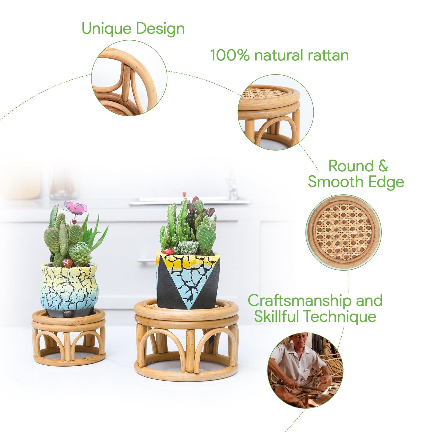 Set of 2 Small Boho Rattan Wicker Round Riser Plant Stand Indoor,Rustic Farmhouse Natural Wooden Circle Pedestal for Decor & Display, Tabletop, Office Decor