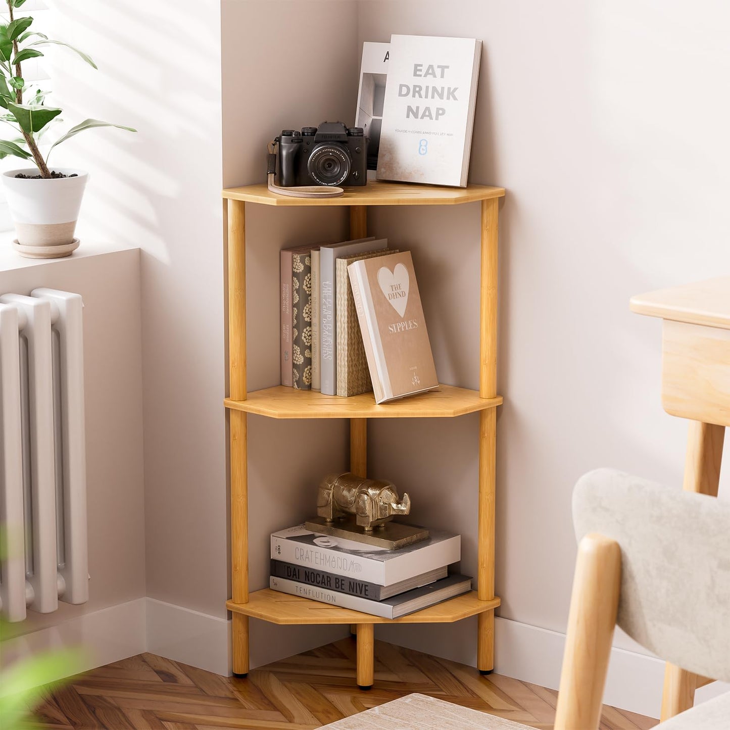 Atoping 3 Tier Bamboo Corner Shelf, Storage Stand with Adjustable Feet, Small Space Corner Bookcase, Outdoor Plant Stand, Space-Saving Organizer for Bathroom Kitchen Living Room
