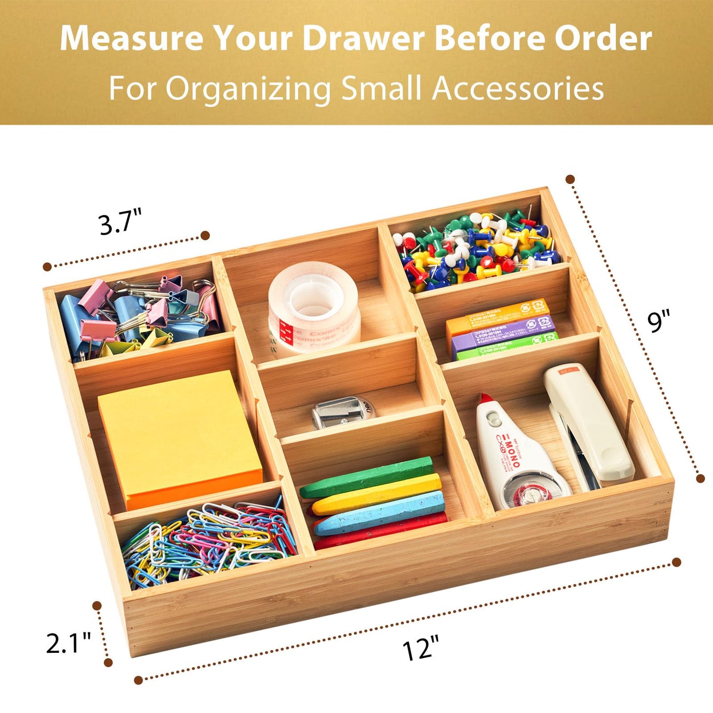Umilife Bamboo Desk Drawer Organizer, Wood Junk Organizer Tray with Adjustable Dividers, Anti-Skip Storage Organization in Office Bathroom Drawer for Vanity, Makeup, 12" x 9"