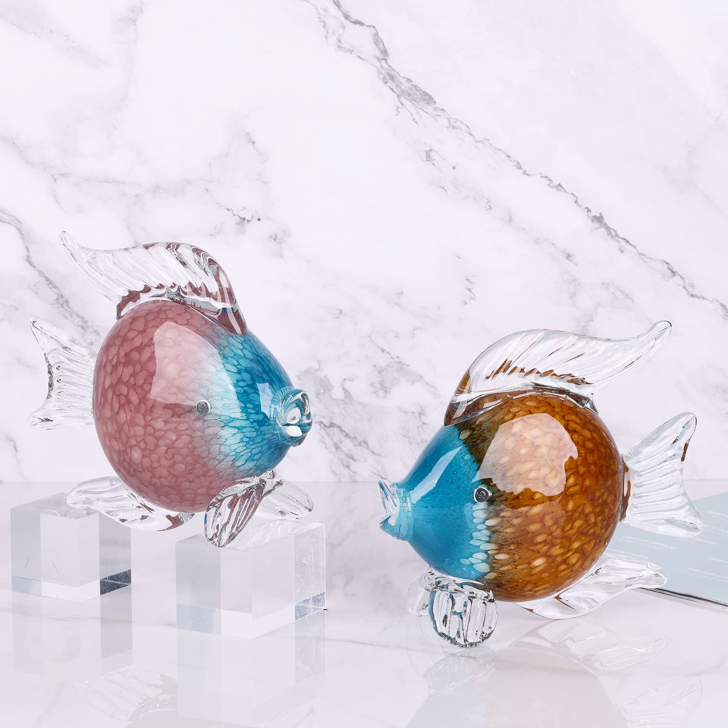 LCCCK Large Glass Fish Figurines Hand Blown Glass Fish Statue and Sculpture Home Decor, Murano Animal Tropical Sea Glass Paperweights for Desk, Glass Aquarium Coastal Beach Decorative (Brown)