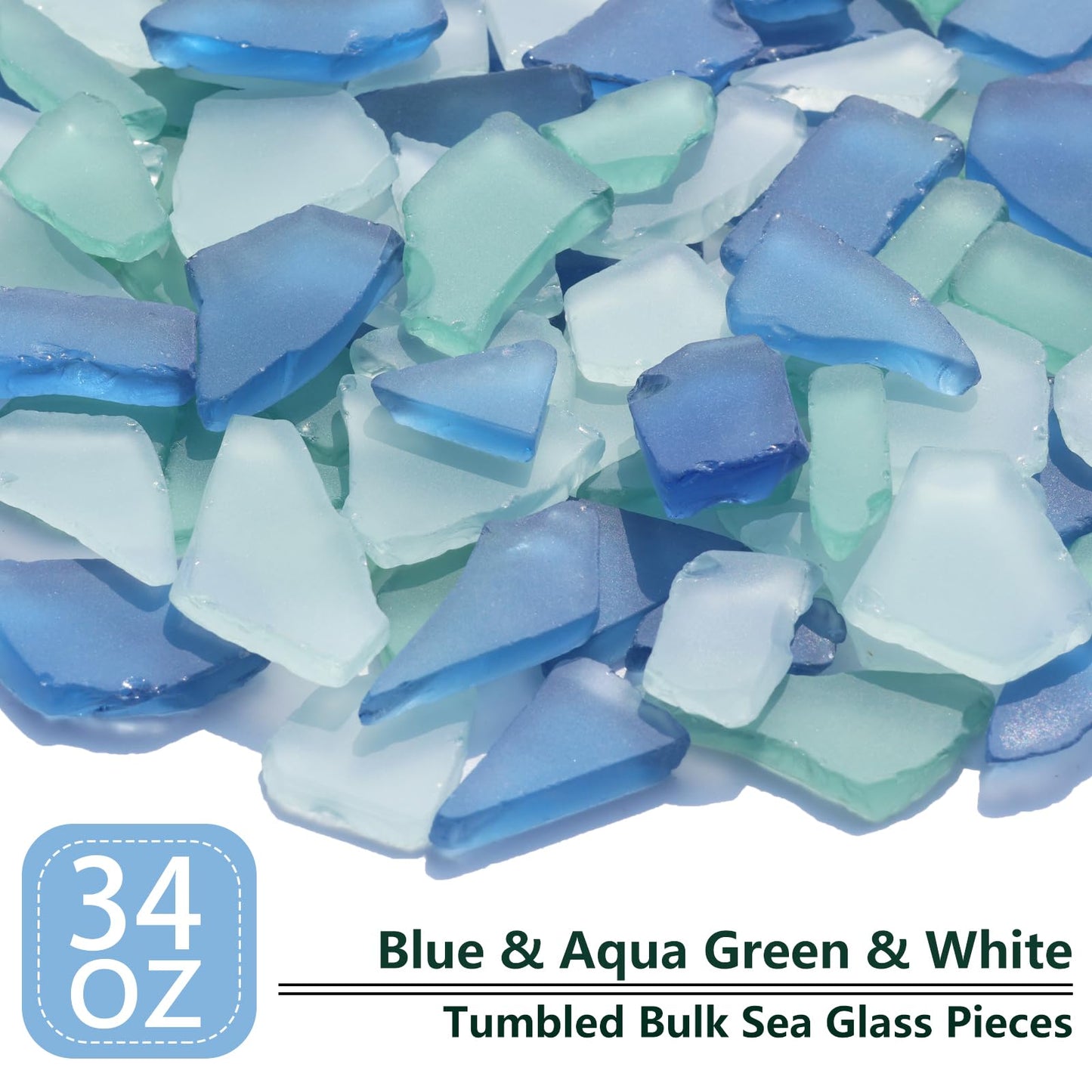 Sea Glass for Crafts - 34oz Frosted Seaglass Pieces - Vase Filler and Aquarium Ornament, DIY Craft Supplies for Art, Beach Weddings, and Home Decor (Blue, Aqua Green, White)