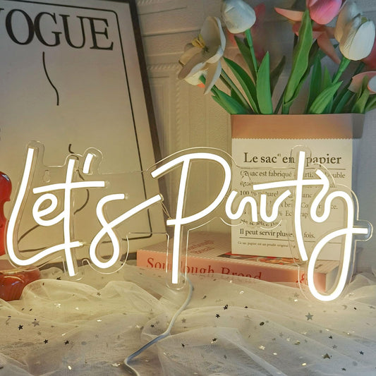 Let's Party Neon Sign, LED Neon Lights for Bedroom Wall Decor, Art Decorative Lights for Bachelorette Party, Engagement Party, Birthday Party, Living Room, Gamer Room Decor Aesthetic (Warm White)