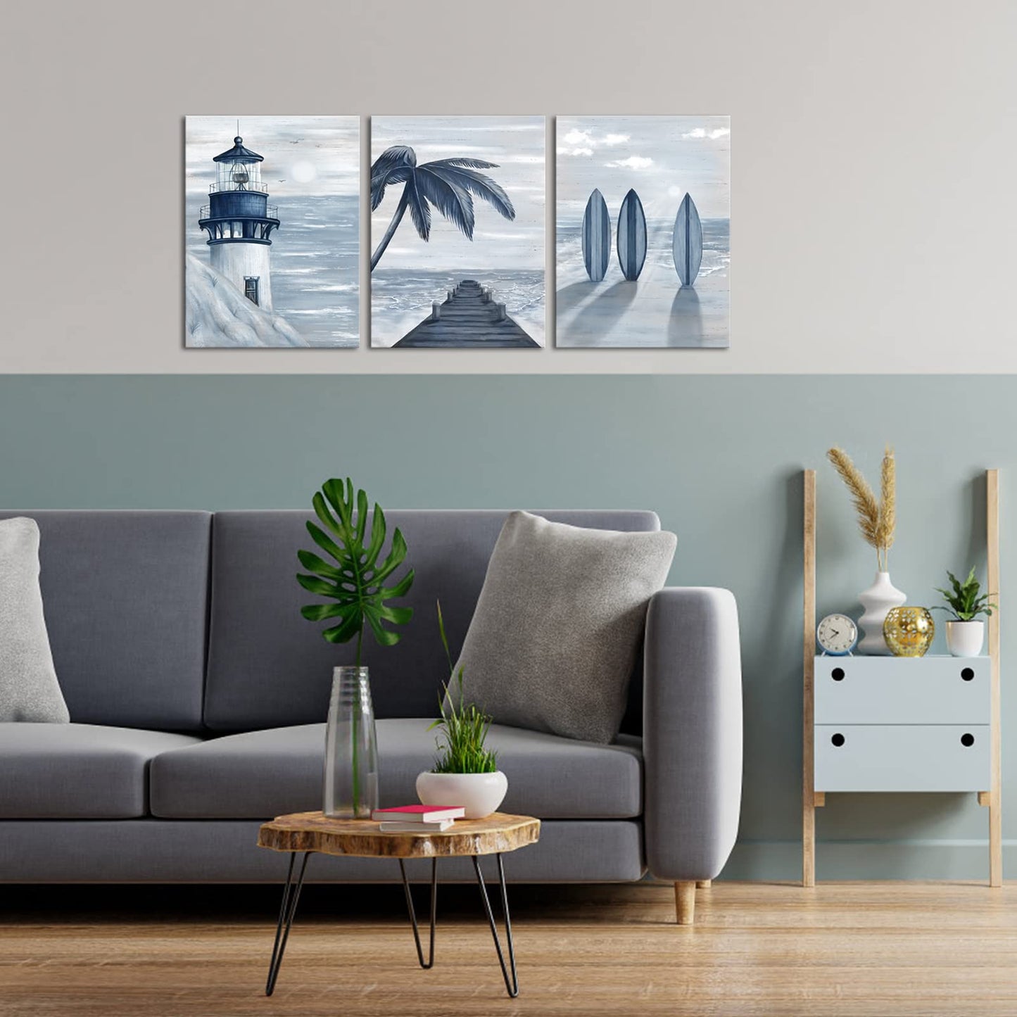HOMEOART Blue Beach Wall Art Prints Ocean Pier Coastal Dock Seascape Lighthouse Painting Nautical Theme Framed Stretched Artwork Living Room Home Wall Decor 12"x16"x3 pcs