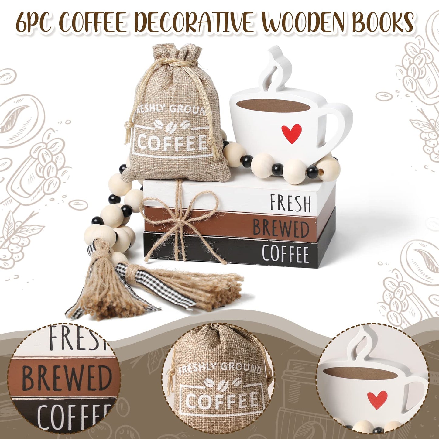 Coffee Bars Decor, 6 PCS Coffee Bar Decorations,Mini Wooden Book Stacks with Bead Garland, Coffees Bar Accessories for Tiered Tray,Table,Shelf,Rustic Farmhouse Home Decor