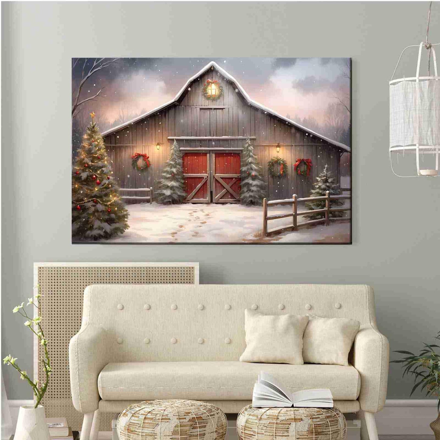 Canvas Wall Art Christmas Tree Farm Wall Art Winter Barn Print Snowy Barn Painting Rustic Farm Picture Farmhouse Winter Print 12x18in-UnFramed