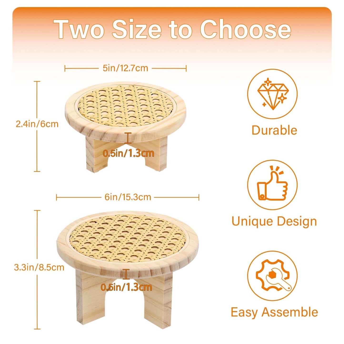 BXAIGR Small Plant Stand Set - 5" & 6" Display Shelf with Rattan Decor, Rustic Wooden Riser for Indoor Plants, Home Office Desk, Window Sill Decor