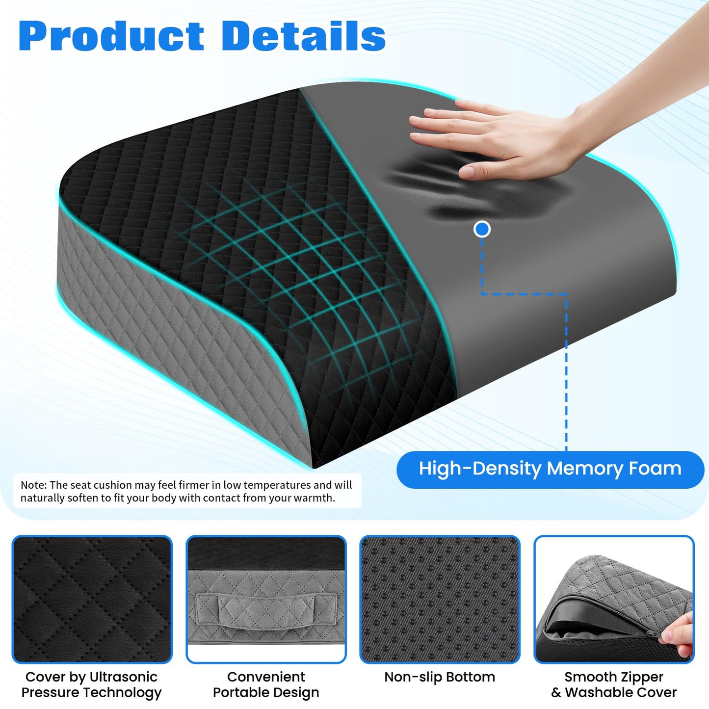 EdenDwell Seat Cushion for Office Chair, Memory Foam Chair Cushions, Car Seat Cushion for Long Sitting, Desk Chair Cushion for Pressure Relief, Non-Slip Bottom, Washable Cover, Large, Black