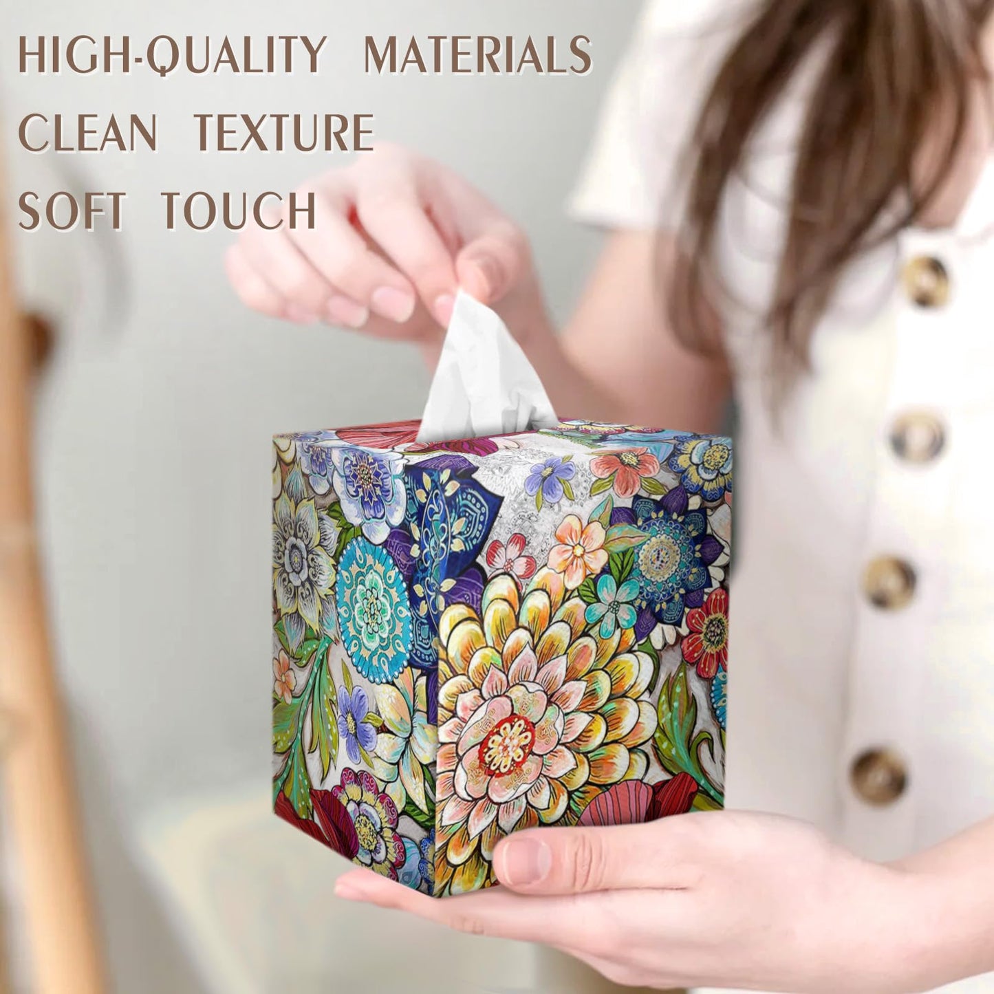 Tissue Box Cover Square Velvet Decorative Tissue Box Holder Cute Funny Cube Tissue Case Cover-Boho Floral Tissue Box Cover