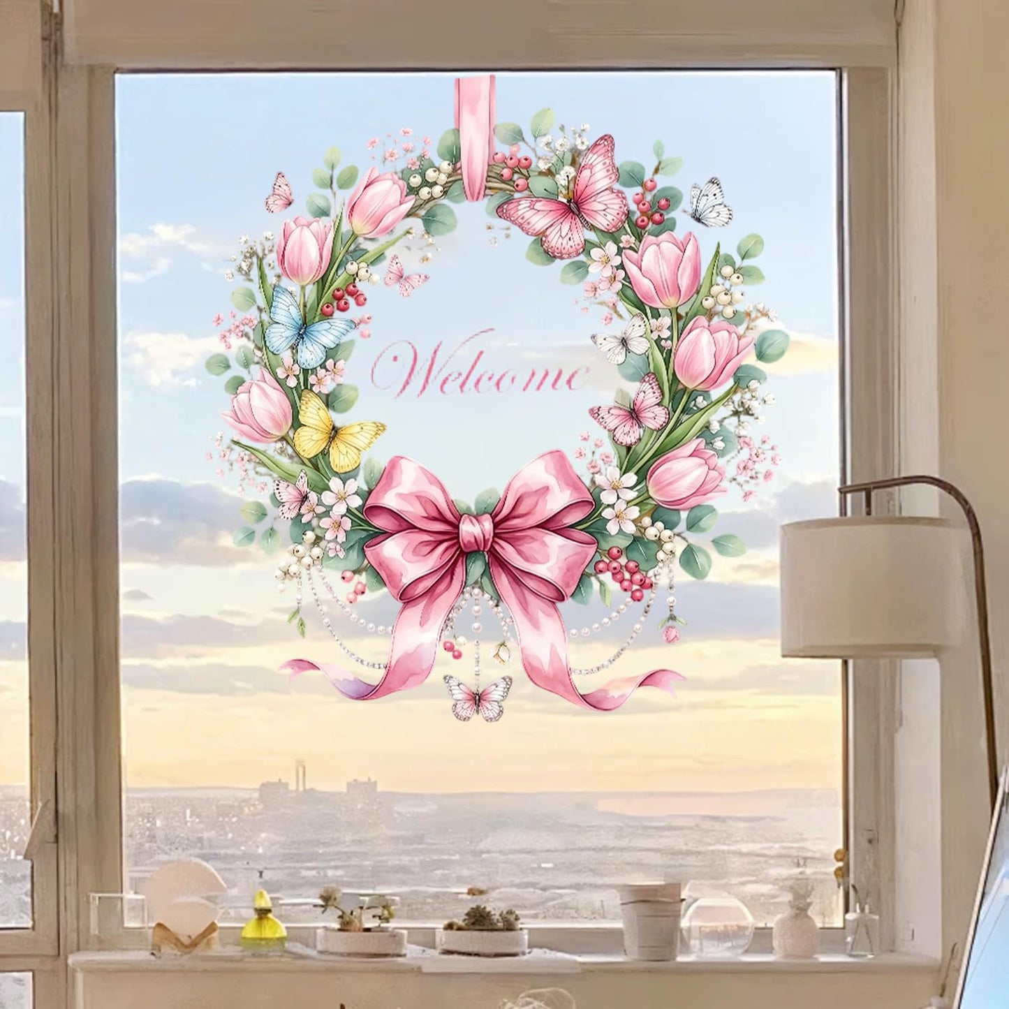Summer Bow Welcome Window Clings Pink Tulip Flower Window Stickers with Butterfly Daisy Design Static Window Decals Easy to Clean Spring Glass Decals for Home Spring Theme Party Decor 1 Pcs