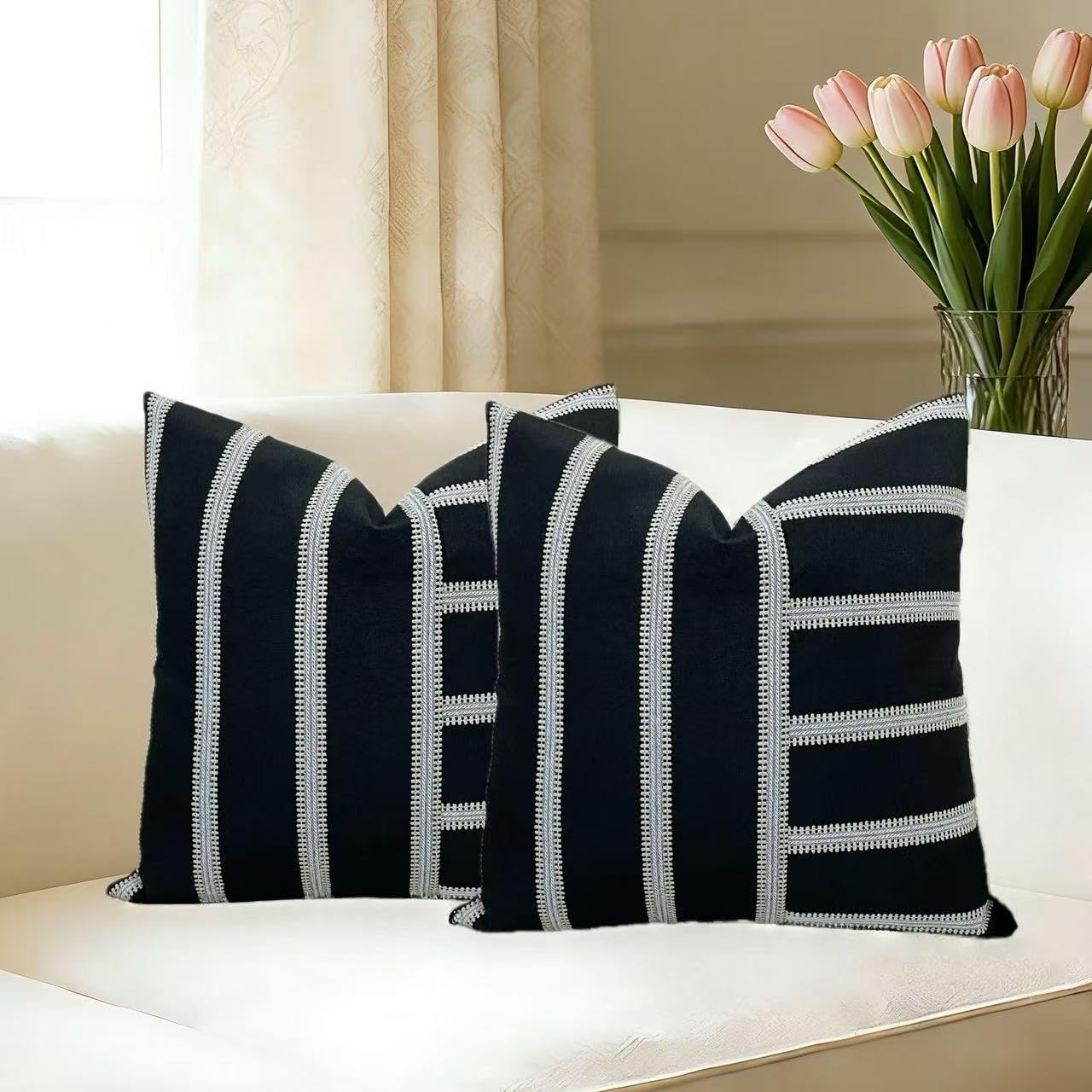 Slow Cow Pack of 2 Stripe Patchwork Throw Pillow Cover Cushion Cover Pillow Cover for Sofa Couch 18 x18 Inches