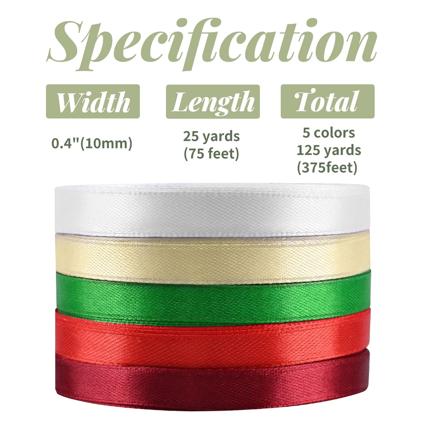 Showin 5 Rolls 10mm 125 Yards Christmas Ribbons, Holiday Satin Ribbons Fabric for Gift Wrapping and DIY Craft, Red & Dark Red & Green & Gold &White