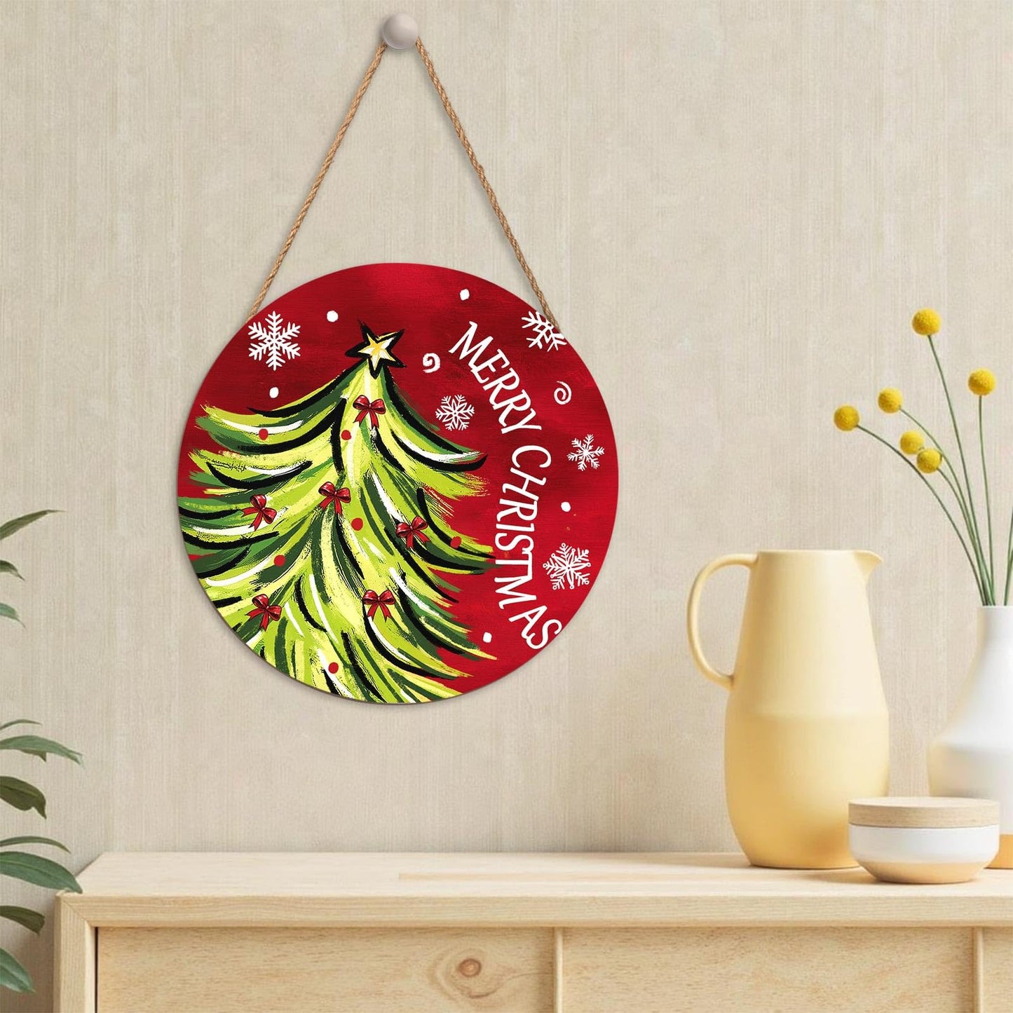Merry Christmas Door Sign,Christmas Tree Decorations Wooden Holiday Hanging Sign for Front Door,Winter Red Christma Decorations for Home Garden Christm New Year 12"x12"