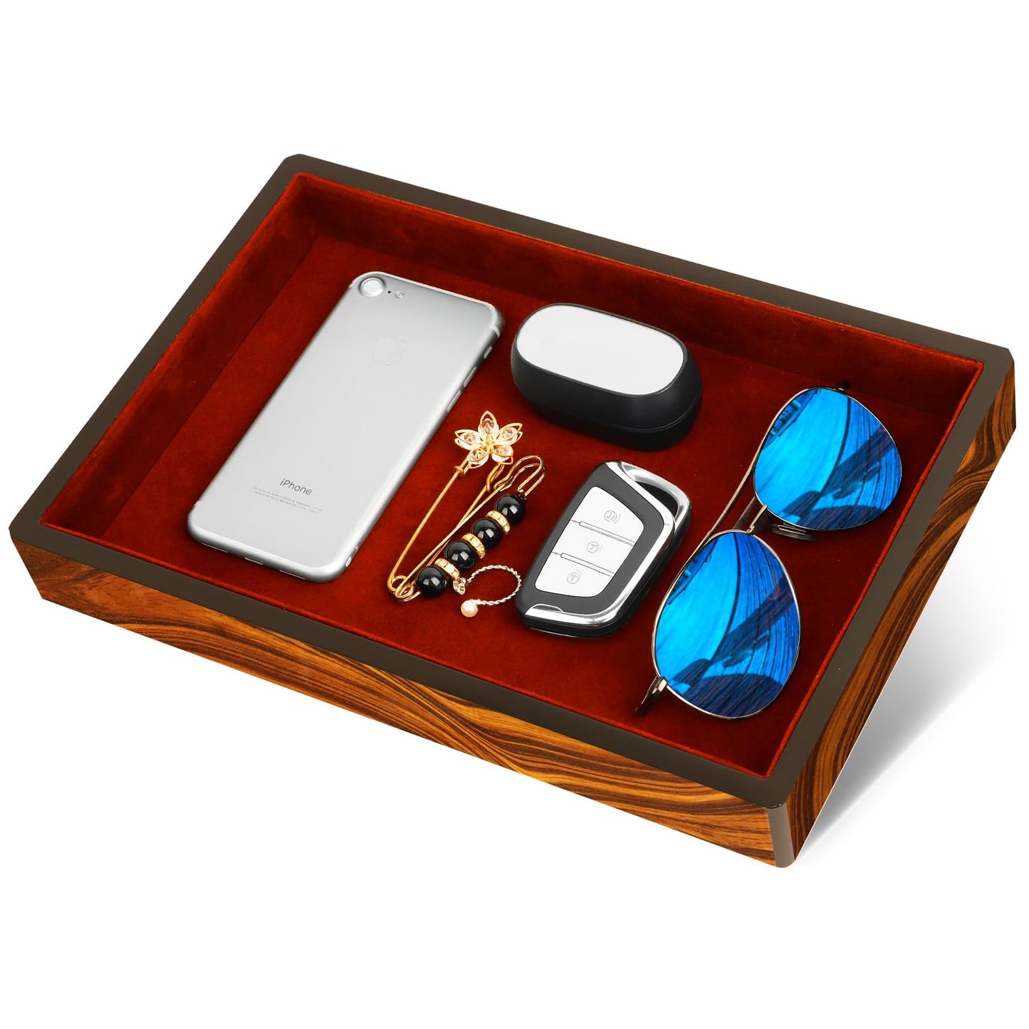 Socospace Wooden Valet Tray with Velvet Lining, EDC Desktop Catchall Organizer, Storage Tray for Jewelry, Wallets, Watches, Keys, Glasses, Perfect for Nightstand, Dresser, Entryway Bedside