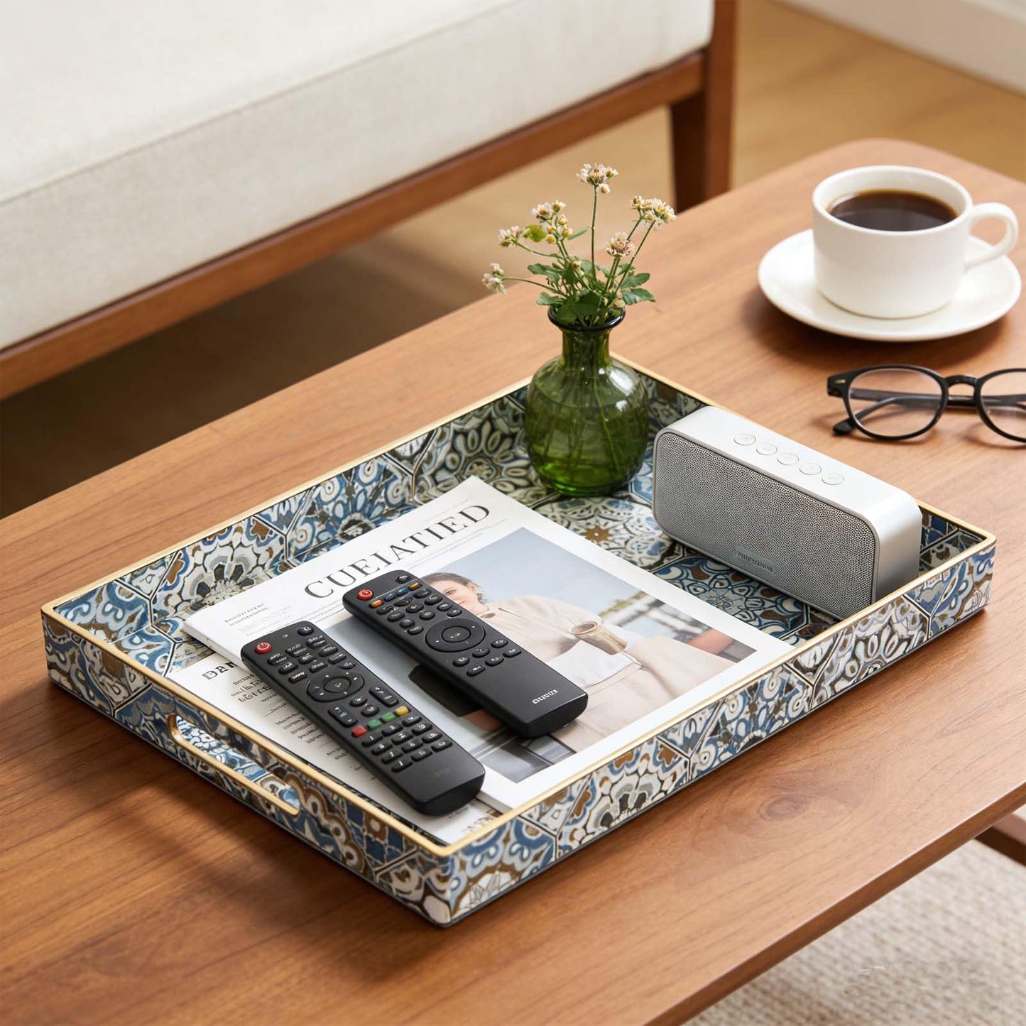 Fuukou Large Serving Tray with Handles,Rectangle Plastic Serving Tray,Bohemian Blue Ottoman Trays Coffee Table Trays for Living Room,Decorative Tray for Coffee Table 16" x 12"