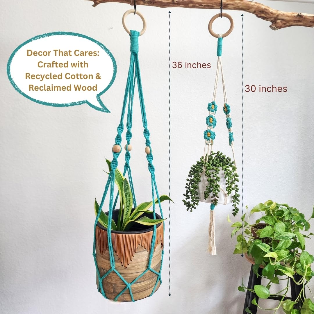 Set of 2 Macrame plant hanger with Daisies & Beads | Hanging plant holder Macrame Plant hangers outdoor and indoor hanging planters Plant stand indoor Boho Decor hanging planter stand (Ocean Teal)