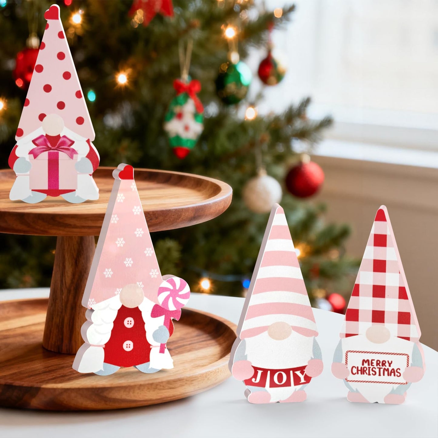 LXDNBGO Christmas Gnomes Decorations - Set of 4 Cute Pink Wooden Gnomes Decor, Christmas Table Decor Indoor for Home Office Bedroom Shelf Tiered Tray Desk Mantel