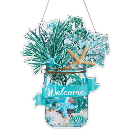 Capoda Summer Wooden Door Sign Hello Sunshine Sunflower Welcome Sign Ocean Beach Door Hanger Farmhouse Rustic Wall Hanging Decorations for Spring Summer Home Indoor Outdoor Decor(Blue,Sea Star)